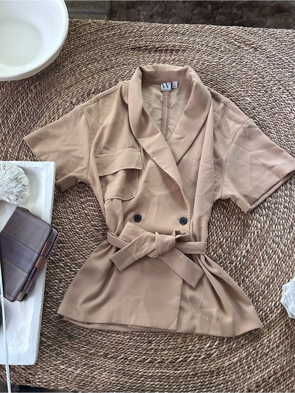 Worthington Tan Short-Sleeve Belted Double-Breasted Blazer camel color